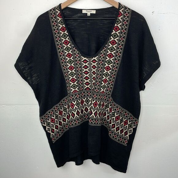 Madewell Boho Aztec Top Womens Black Short Sleeve Embroidered relaxed fit Large - Picture 4 of 13